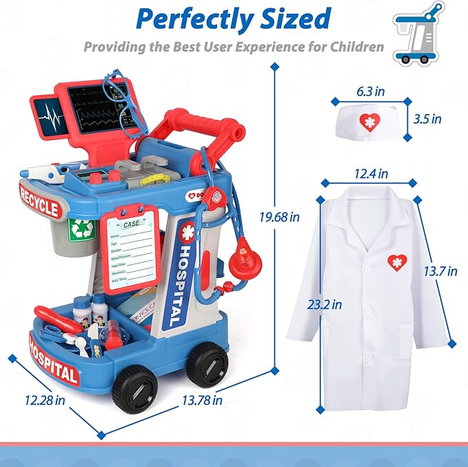 Liberry Doctor Kit for Toddlers Ages 3 4 5, Pretend Kids Doctor Playset with Cart, Costume and Stethoscope, Role Play Medical Toys Birthday Gift for Girls Boys (Blue)