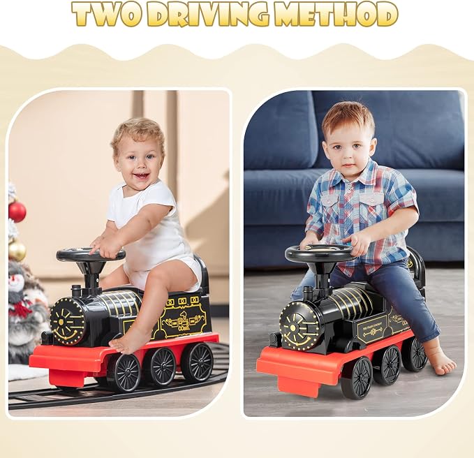 OLAKIDS Kids Ride On Train with Track, 6V Electric Toy with Lights and Sounds, Retractable Footrest, Under Seat Storage, Christmas Theme Battery Powered for Toddlers Boys Girls (1 Seater, Retro)