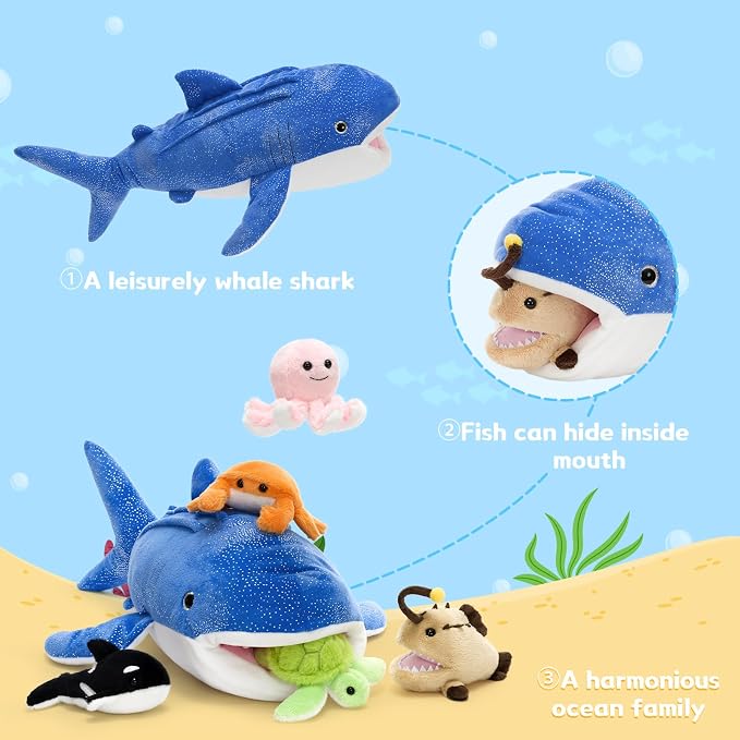 MaoGoLan 6Pcs Whale Shark Stuffed Animal with 5 Sea Animals Inside - Bulk Ocean Plush Toys Stuffed Orca Turtle Anglerfish Crab Octopus, Kids Party Favors Summer Christmas