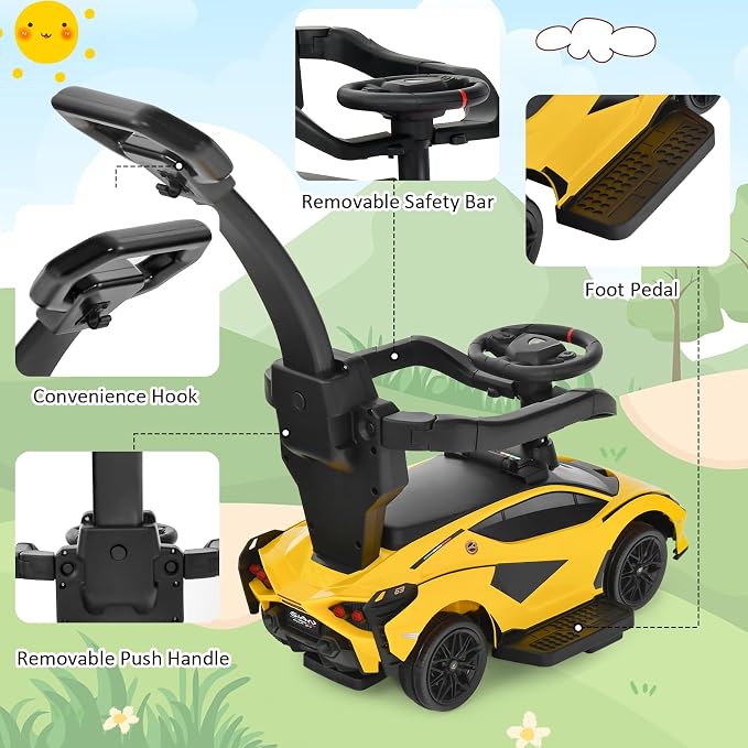 INFANS 3 in 1 Ride on Push Car, Licensed Lamborghini Baby Stroller Sliding Walking with Parent Control Handle, Music, Headlight, Under Seat Storage, Kids Foot-to-Floor Toy for 18-60 Months (Yellow)