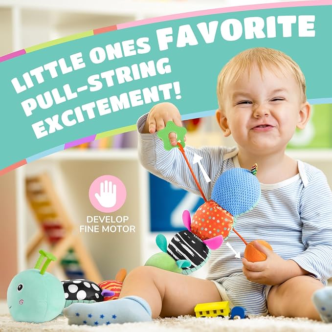 AWOTOY Baby Sensory Toys Music Caterpillar Plush Infant Toys 0 6 12 Months | Stuffed Animals Tummy Time Teething Toys with Mirror Pull String Rattle Baby Toys for Newborn Boy Girl Shower Birthday Gifts