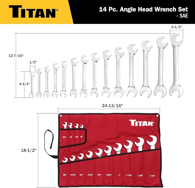 Titan 17283 14-Piece SAE Angle Head Open End Wrench Set, Sizes from 3/8" to 1-1/4", V-Groove Design, Chrome Vanadium Steel Construction