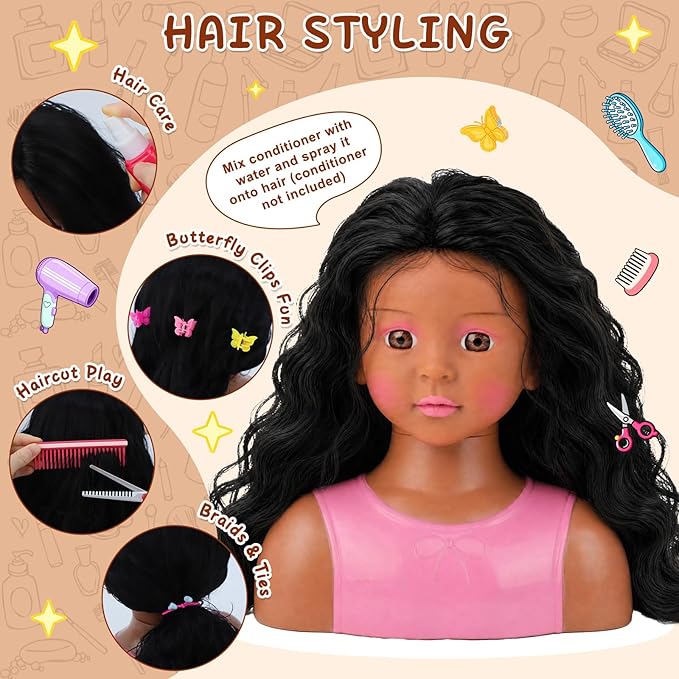 Doll Head for Hair Styling Makeup Kids, Pretend Play Hair Salon Toys for Girls with Hairdryer Accessories Real Lipstick Makeup Palette, Black Princess Birthday Gifts for 3 4 5 6 7 8 Years Old
