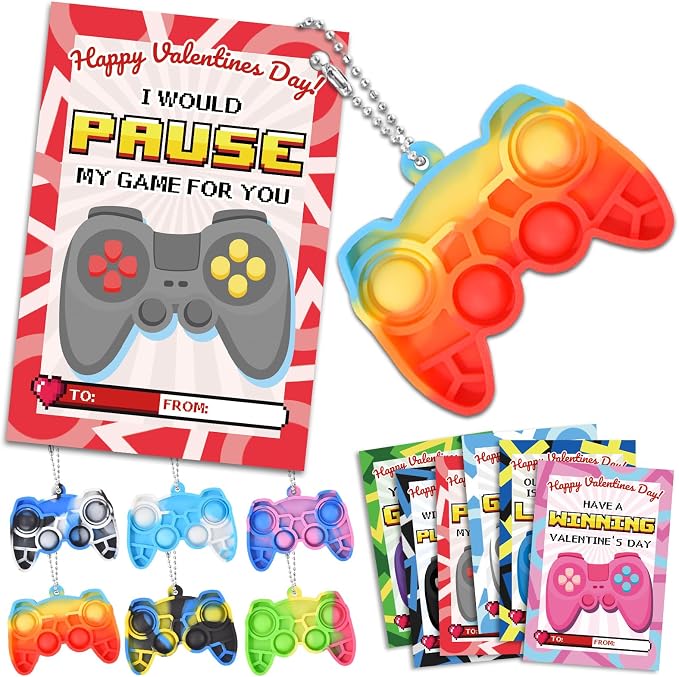 Ohjijinn 24 Packs Valentines Day Gifts for Kids, Mini Pop Fidget Keychain Valentines Day Gifts for Kids Classroom, Game Valentines Day Cards for Boys Girls School Classroom Exchange Gifts Party Favor