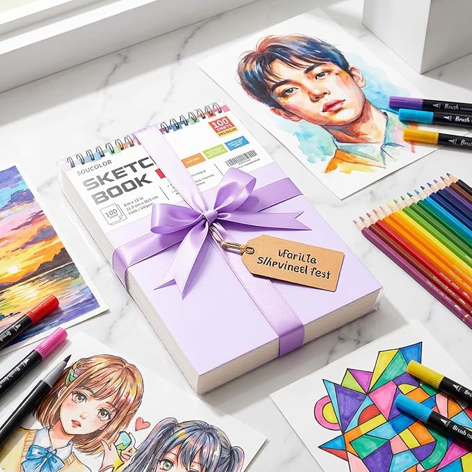 Soucolor 9" x 12" Aesthetic Sketch Book, 1-Pack 100 Sheets School Supplies Cute Sketchbook for Women, Japanese Stationary Sketching Supplies for Kids Teen Girl Gifts Birthday Gifts, Pastel Purple