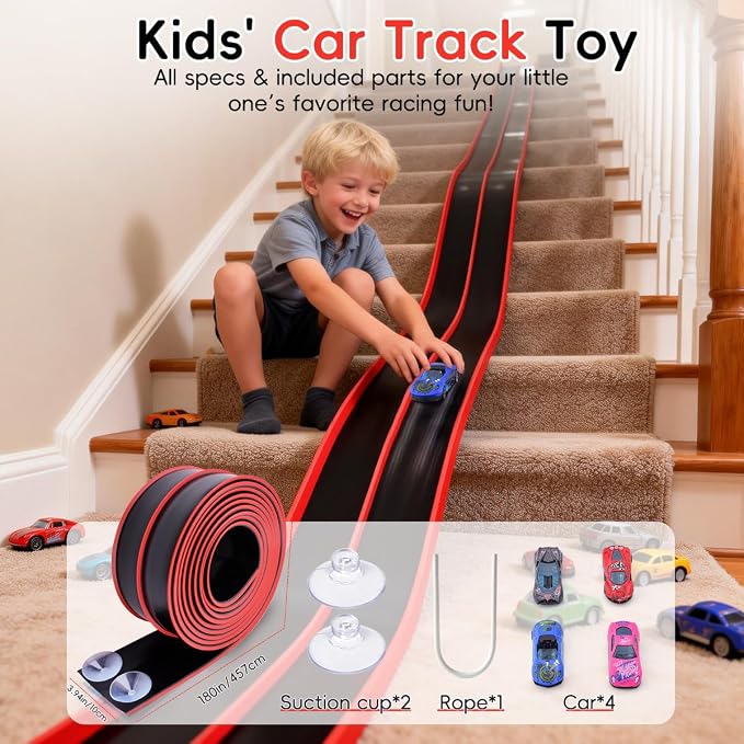 Flexible 15 Ft Race Track Starter Set for Kids Age 3+, Portable Car Track Playsets Compatible with Diecast 1/64th Cars, Long Kid Cars Ramp with Suction Cups, Rolls Up for Storage(Black)