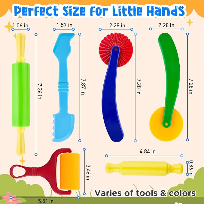 Clay and Dough Tools 6 Pieces Basic Dough Tool Set for Kids, Variety of Rolling Pins, Rollers, Cutters