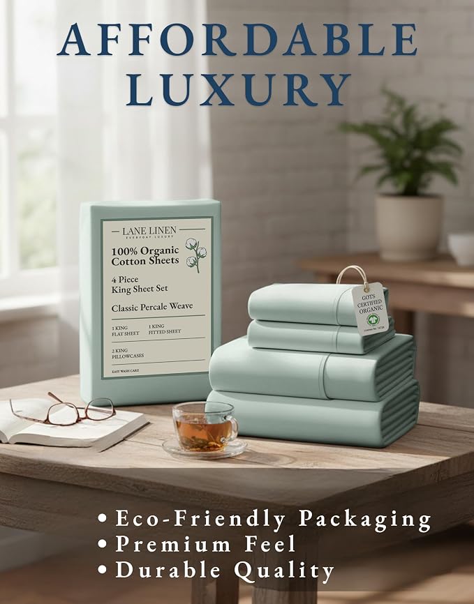 LANE LINEN King Sheet Set 100% Organic Cotton Cooling Soft 4pc - Cool Blue | Organic Cotton Percale King Sheet Set - Soft From The First Wash, Crisp Cool Percale Weave, Great For Gifting