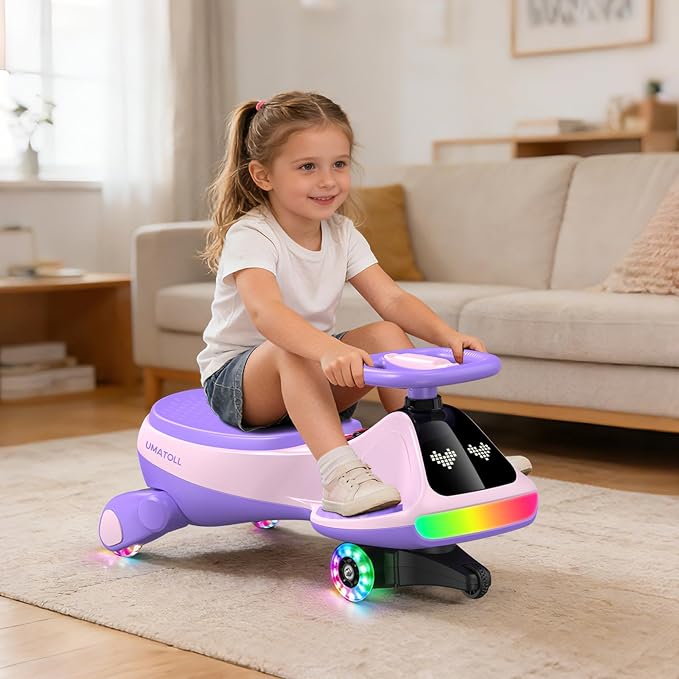 Umatoll 12V Electric Wiggle Car for Kids with Pedal, Display, Rechargeable Battery, LED Light, Bluetooth, Light-Up Wheels, Anti-Rollover, 2 Speeds, Ride on Toys, Birthday Gifts for Age 3+, 150Lbs