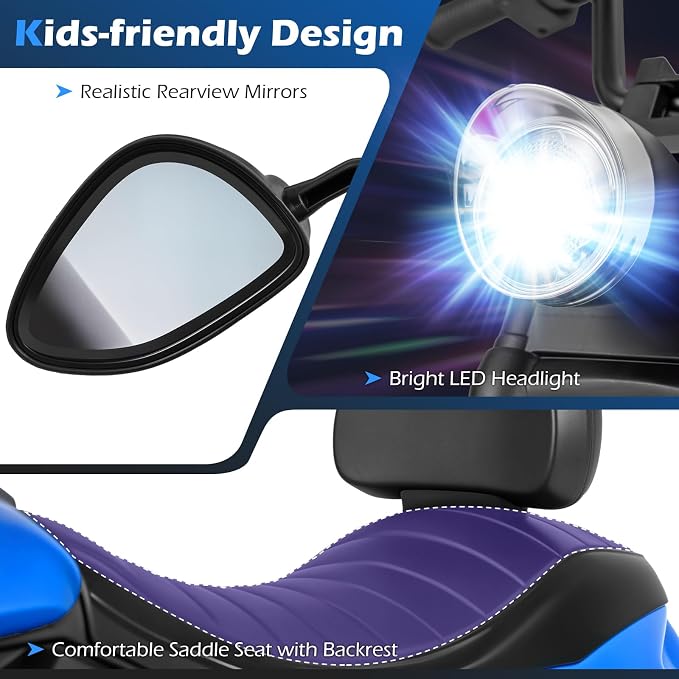 Costzon Kids Motorcycle, 6V Chopper Motorbike Ride on Toy with Headlight, Music, Training Wheels, Electric Toddler Motorcycle for Kids Boys Girls, Gift (Blue, 31" x 23" x 22"(L x W x H))