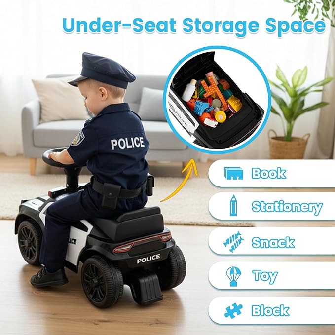 Costzon Police Car Ride On, Toddler Foot-to-Floor Sliding Car with Siren Sounds, Music & Flashing Lights, Under-Seat Storage, Kids Ride On Toys for Boys Girls 18+ Months