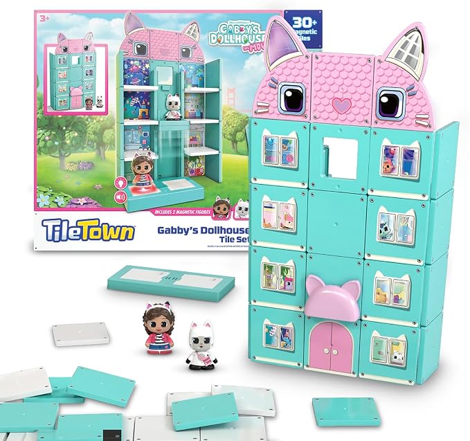 Tile Town Gabby’s Dollhouse 35-Piece Magnetic Tile Playset, Interactive STEM Magnetic Tiles Toys, Includes Gabby & Pandy Paws Figures, Action Tiles