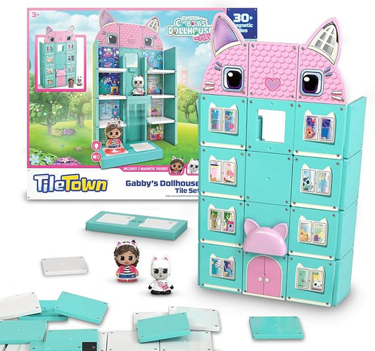 Tile Town Gabby’s Dollhouse 35-Piece Magnetic Tile Playset, Interactive STEM Magnetic Tiles Toys, Includes Gabby & Pandy Paws Figures, Action Tiles