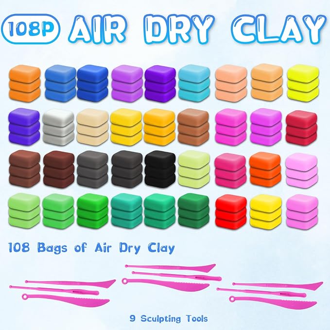 Air Dry Clay-108 Pack 36 Colors Modeling Clay for Kids, Boys and Girls, Air Dry Clay Bulk Kit for Adults with 3 Sculpting Tools and Instructions, Safe, Non-Toxic, DIY Model Magic Clay Gifts Kids Toys