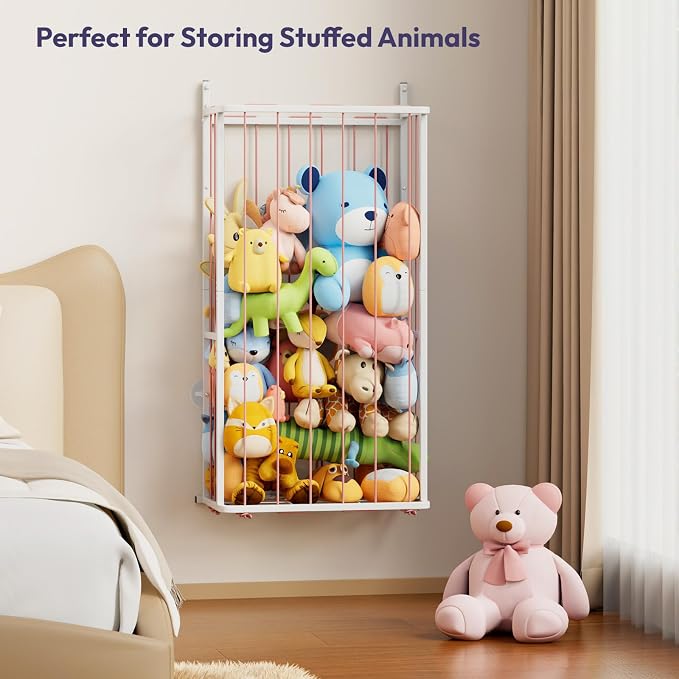 SWTYMIKI Hanging Stuffed Animal Storage - Over Door Large Plush Toy Organizer, Wall Mounted or Corner Stuffie Storage for Nursery, Doll & Bear Plush Organizer for Kid Room Bedroom (Pink, 2-Tier)
