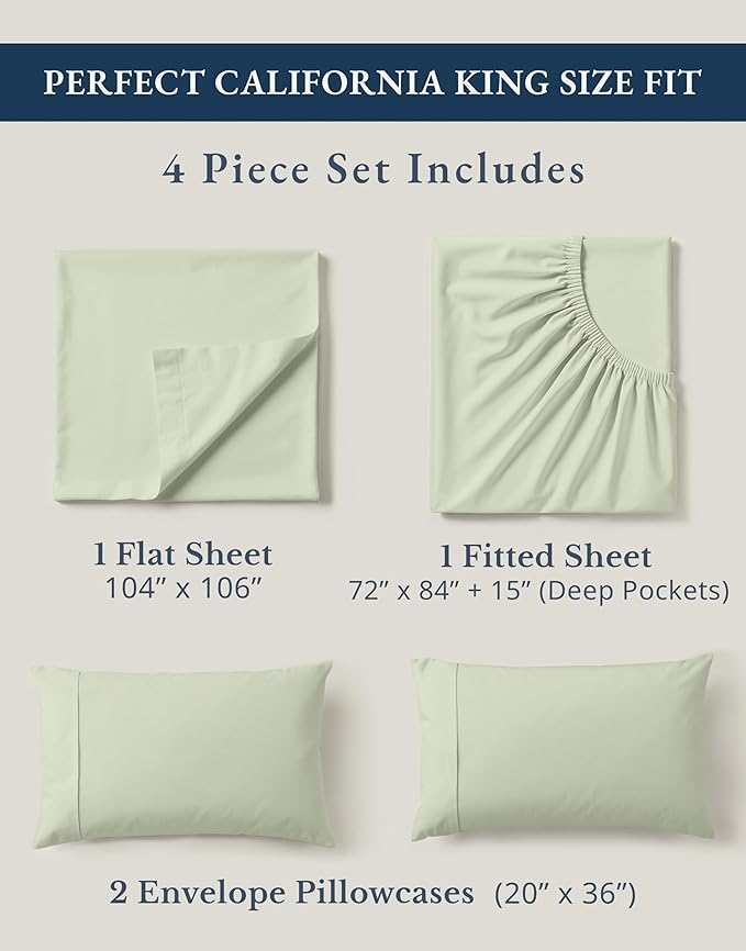 LANE LINEN California King Sheets 100% Organic Cotton Percale 4pc - Mineral | Cal King Sheet Set, GOTS Certified Organic Cotton Percale - Crisp Hotel-Style Feel, Soft From The First Wash