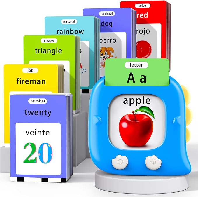Kidzdo 520 Bilingual Spanish English Talking Flash Cards, Birthday Gifts Easter Present for 2 3 4 5 6 Year Old Boys and Girls, Pocket Speech Therapy Toys, Portable Toddlers Toys, Blue