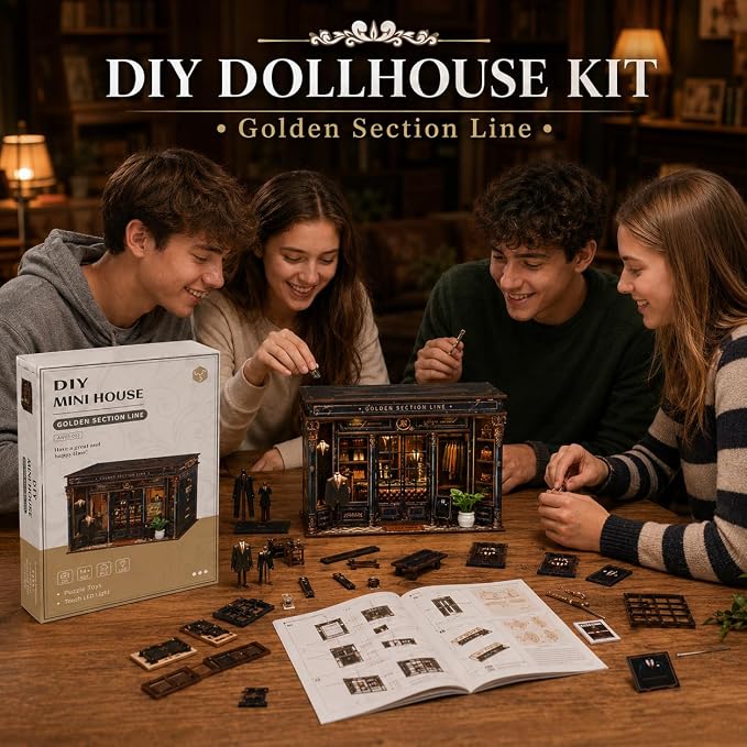 Roroom DIY Miniature and Furniture Dollhouse Kit,Mini 3D Wooden Doll House Craft Model,Creative Room Idea for Valentine's Day Birthday Gift(Book Outside the Book) (Golden Section Line) | Wooden 3D Puzzles for Adults with LED, Bookshelf, Desk and Bedsid...