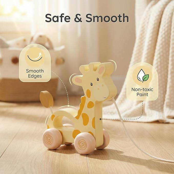 Baby Toys Car,Wooden Pull Along Toddler Toy, Developmental Toy for 1 Year Old Girl Boy Birthday Gift (Small Giraffe)