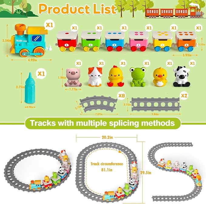 Farm Animal Train Toys for Toddlers 2-4, Kids Electric Train Set with Music, Steam & Lights, Montessori Learning Toys with Finger Puppets, Christmas Birthday Gifts for Boys Girls Age 18 Months+