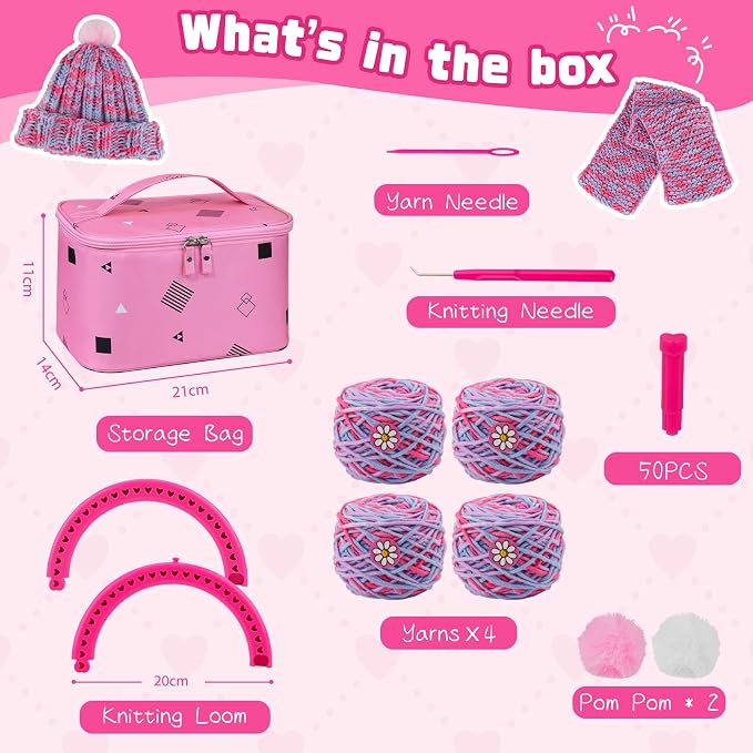 PREBOX Knitting Loom Craft Kit for Kids & Beginners - Create Hat & Scraf with Yarn, Hook Needle, Birthday Gifts Ideas for Teens Girls Age 6-8 8-12 14+, Rose Loom