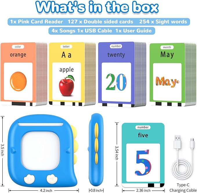 Kidzdo Dinosaur Talking Flash Cards with 254 Words, Christmas Birthday Gifts for 2 3 4 5 6 Year Old Boys and Girls, Educational ABCs Learning Toys, Toddlers Pocket Speech Therapy Toys, Blue