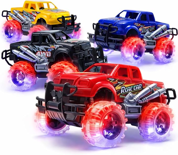 ArtCreativity Light Up Monster Trucks for Boys and Girls, 4-Pack Toy Truck Set, Monster Trucks for Boys 3 4 5 6 7 8 Years Old, Toddler Monster Truck Toys, Light Up Trucks