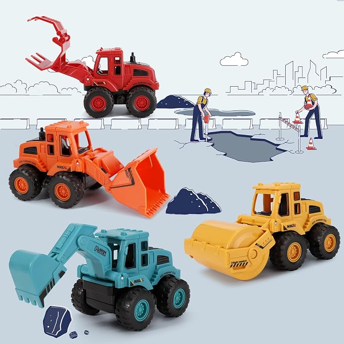 4Pcs Construction Toys,Friction Powered Construction Truck Toys Vehicles,Push and Go Construction Sand Truck Toys,Outdoor Toys with Bulldozer Excavator Roller Truck Gift for 3 4 5 6 7 8 Year Old Boys