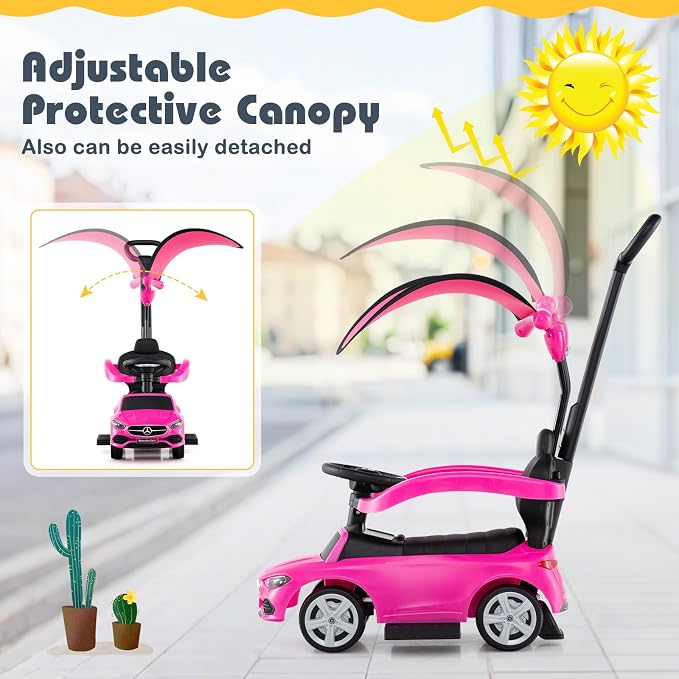 Costzon Push Car for Toddlers, 3 in 1 Mercedes Benz Stroller Sliding Walking Car w/Canopy, Handle, Safety Bar, Horn Sound, Underneath Storage, Foot-to-Floor Ride On Toy for Boys & Girls (Pink)