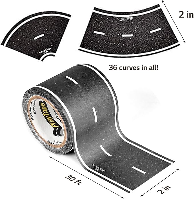 PlayTape Road Tape and Curves for Toy Cars - 1 Roll of 30 ft. x 2 in. Asphalt Road + 1 Roll of 36 Curves