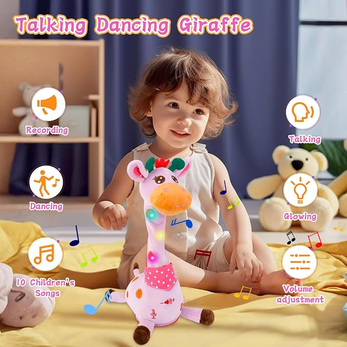Dancing Talking Giraffe Toy, Stuffed Animal Baby Toy Repeating What You Say, Glowing Musical Giraffe Gifts for Toddlers 1-3 Years Old, for Kids (Purple Giraffe)