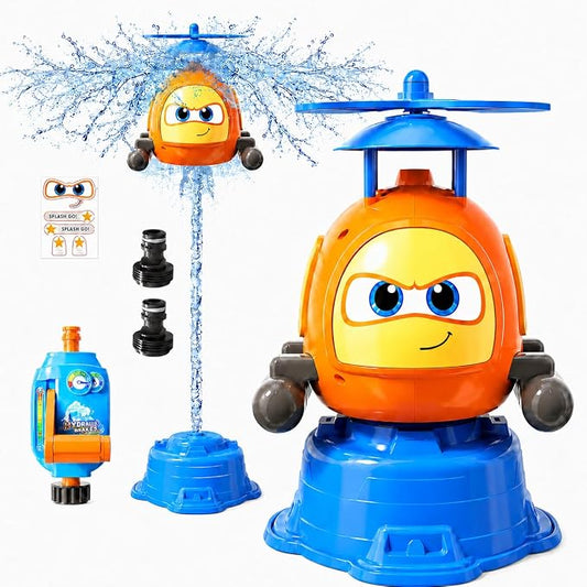 Flying Helicopter Water Sprinkler for Kids W/Tactile Click Feedback Valve, Summer Outdoor Toy for Toddlers, 360° Rotating Airplane Sprinkler W/DIY Stickers, Splashing Fun Toys for 3-8 Boys Girls Gifts