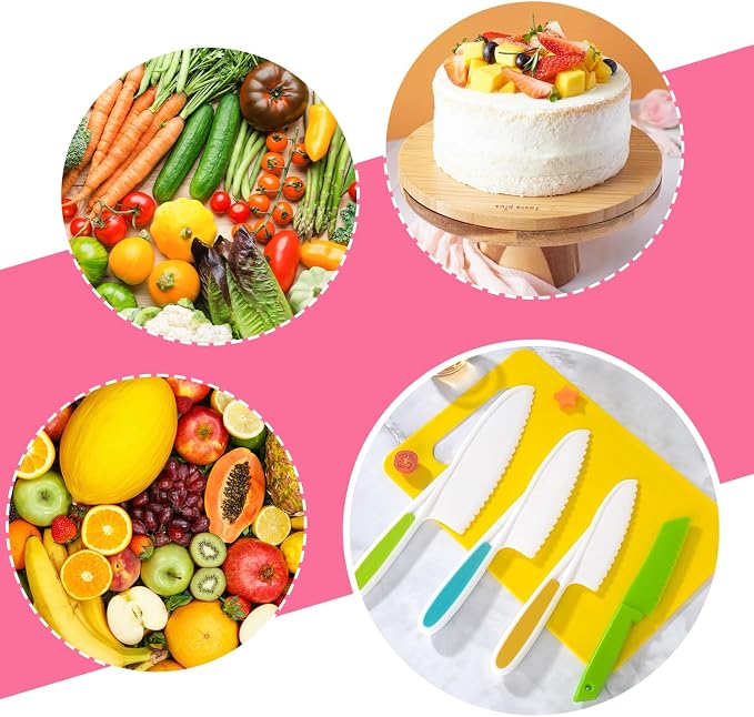 Reaeon 5 Pcs Kids Cooking Sets Real, Montessori Kitchen Tools, Kids Knife Set for Real Cooking, 4 Pcs Children's Safety Cooking Knives, 1 Pc Cutting Board, Serrated Edges Toddler Girl Boy