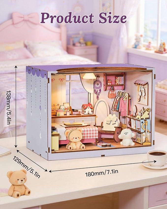 DIY Miniature House Kit-Bedroom, 3D Wooden Puzzles with LED Light Tiny House Mini House Building Kit for Adults, Wooden Adults Crafts Home Decor Gifts for Parents Friends