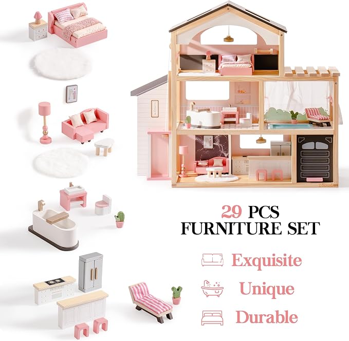ROBUD Doll House, Wooden Dollhouse with 6 Rooms, 29-pcs Furniture Set, Working Elevator, Garage, Swimming Pool, Ideal Gift for Kids Ages 3+ (Black)