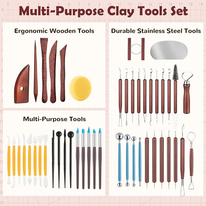 52PCS Pottery Tools Kit for Sculpting, Ceramic Tools, Clay Carving Tools for Polymer Clay, Modeling, Trimming, Molding, Shaping, Pottery Kiln, Arts Crafts Supplies, Adults, Students, Beginners, Pros
