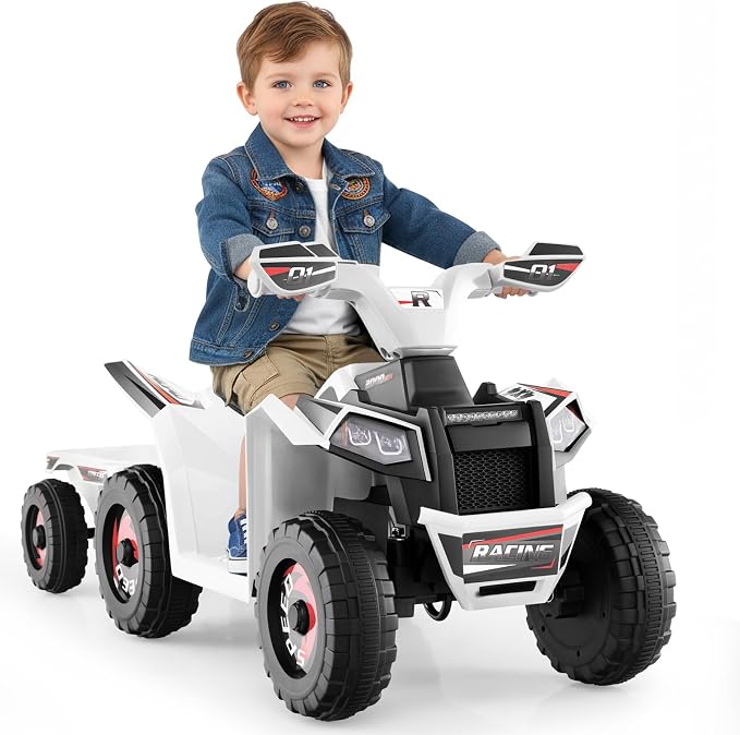 OLAKIDS 6V Kids ATV with Removable Trailer, Forward Backward Function, Widened & Wear-Resistant Wheels, Ride On Toy for Toddlers (White)
