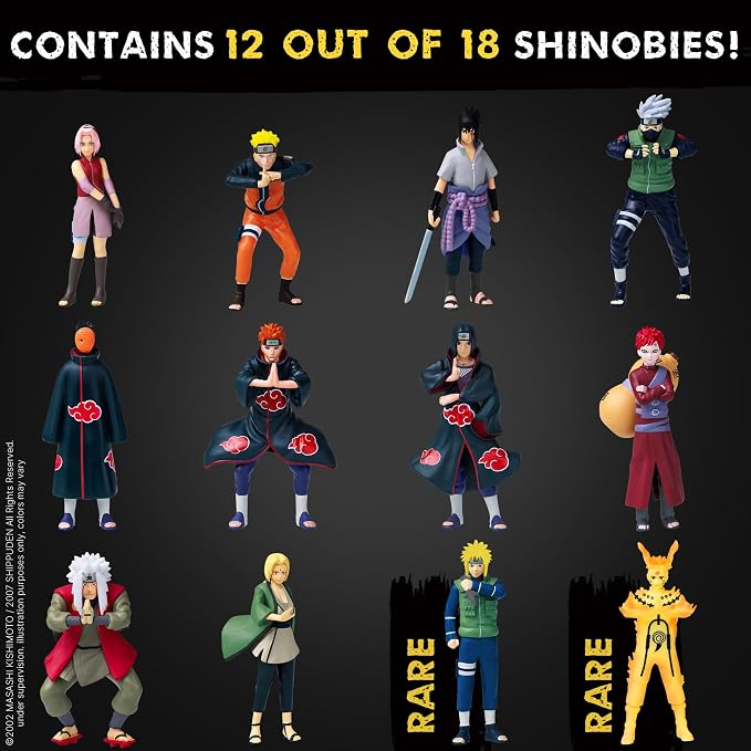 P.M.I. Naruto Shippuden Collectible Mini Figures 12 Pack Deluxe Box | Anime Toy Set Featuring Team 7 Ninjas, Akatsuki, Legendary Sannin & Hidden Rare Shinobi (Assortment A)
