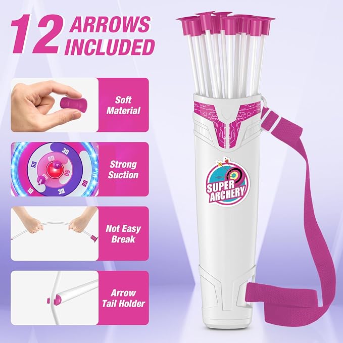 HYES Bow and Arrow for Kids, LED Light Up Unicorn Archery Set with 12 Suction Cup Arrows, 1 Standing Glow Target, 3 Score Targets & 1 Quiver, Indoor Outdoor Sport Toys for Boys Girls Ages 4-12