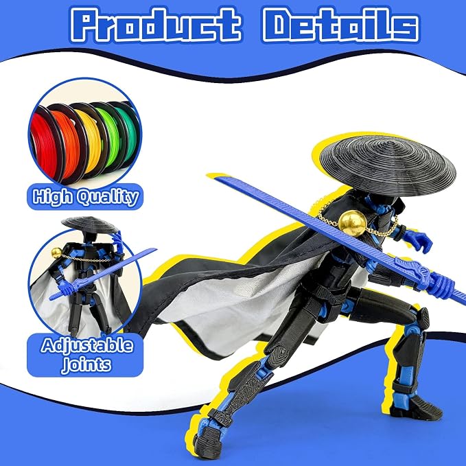 Assembly Completed T13 Action Figures,T 13 Action Figure, Robo 13 3D Printed Action Figure - The Ultimate Hero for Action-Packed Playtime,5.2 Inch (Swordsman-Black Blue)