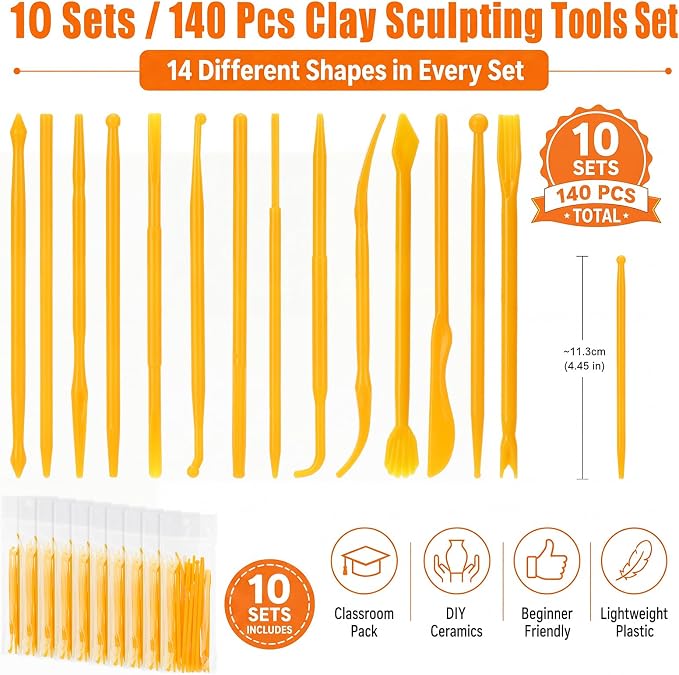 Ferrochef 10 Set 140 Pcs Clay Sculpting Tools Different Shapes Pottery Tools Clay Carving Cutters Pottery Trimming Supplies for DIY Ceramics Plastilina Molding Embossin (Plastic,Solide Style)