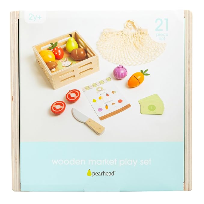 Pearhead Wooden Play Food Set – 21-Piece Pretend Kitchen Toy, Cutting Fruits & Veggies, FSC-Certified, Farmers Market with Play Money, Mesh Bag & Storage Crate, Boys and Girls, 2 3 4 Year Old