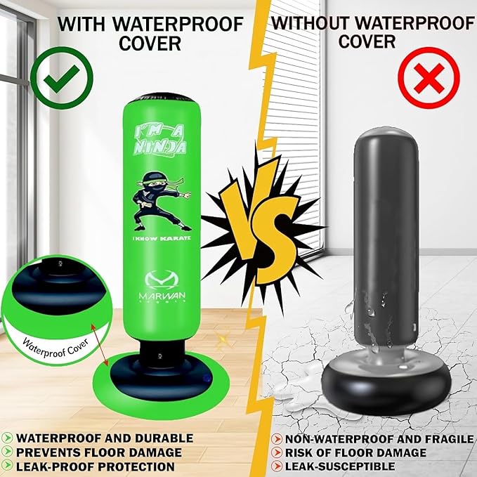 Marwan Sports Ninja Kids Punching Bag — Inflatable Sensory Toy & Birthday Gift for Boys & Girls Ages 4-12, 63" Freestanding 5-in-1 Kit, Indoor Apartment-Quiet Sensory-Friendly Active Play