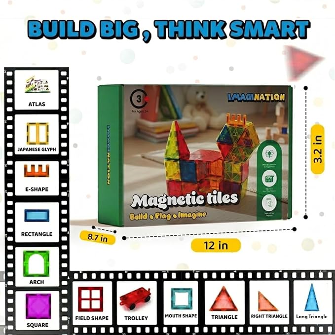 IMAGINATION Magnetic Tiles 60 Piece Set for Kids Ages 3–12, Large 3-Inch STEM Building Blocks, Montessori Educational Toy for Boys and Girls