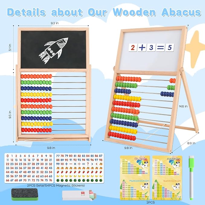 Wooden Abacus for Kids Math Games for Kids 3-5 4 5-7 6-8 Counters Toys with Double-Sided Whiteboard Blackboard and Magnetic Number Cards 1-100 Educational Counting Math Manipulatives 1st 2nd grade