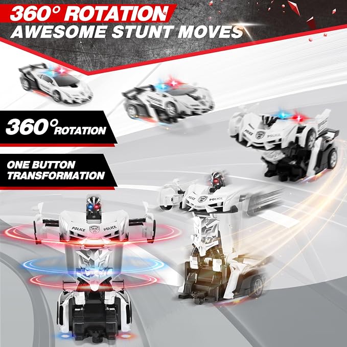 2.4G Remote Control Transformer Car, Rechargeable RC Police Car Toy with Flashing Lights, Convertible Robot & Vehicle, Gift for Kids,Police Transformer Cars for Boys 4 5 6 7 8 9 10 11 12 (Black/White)