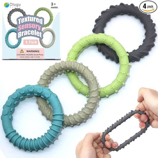 Olugu Chew Bracelet for Sensory Kids, 4 Pack Textured Sensory Bracelets for Kids with Autism ADHD Anxiety or Special Needs, Fidget Toys Bracelets for Girls Boys Chewing Biting
