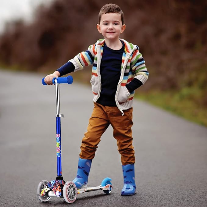 3-Wheel Kick Scooter for Kids Ages 3-8 Lean-to-Steer Toddler Scooter with Extra Wide Light Up Wheels, 4 Adjustable Heights, Foldable Scooters for Boys & Girls, Max Weight 110lbs