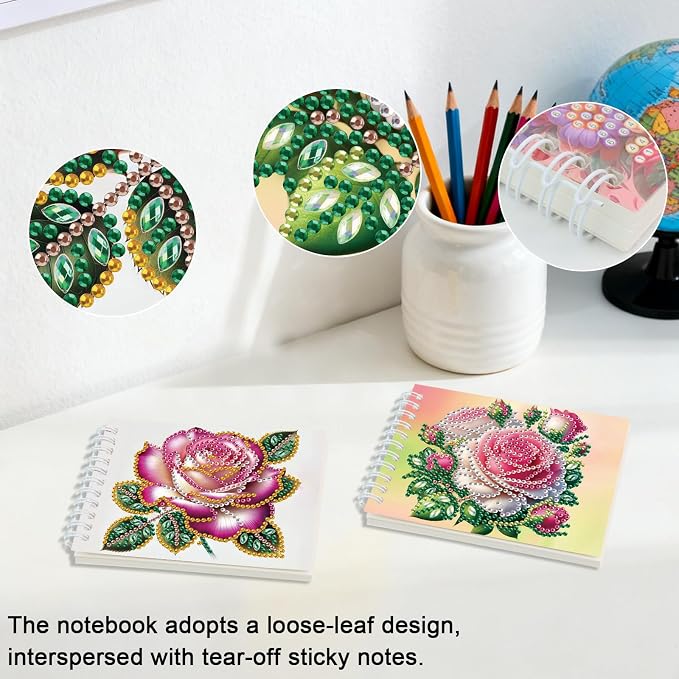 2 Pcs Rose Flower Diamond Painting 80 Pages Notebook for Adults,Flower Diamond Art Journal and DIY Sketchbook, Diamonds Art Kit Supplies,Gift for Beginners, Craft Lovers, Artists. (Rose)