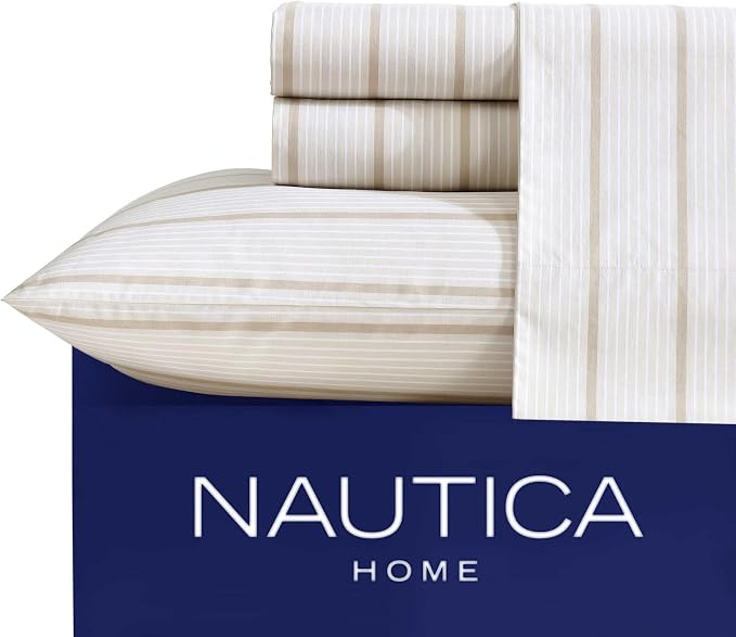 Nautica - Queen Sheets, Premium Cotton Percale Bedding Set, Striped Home Decor, Oeko-Tex Certified (Merrick Stripe Beige, Queen)